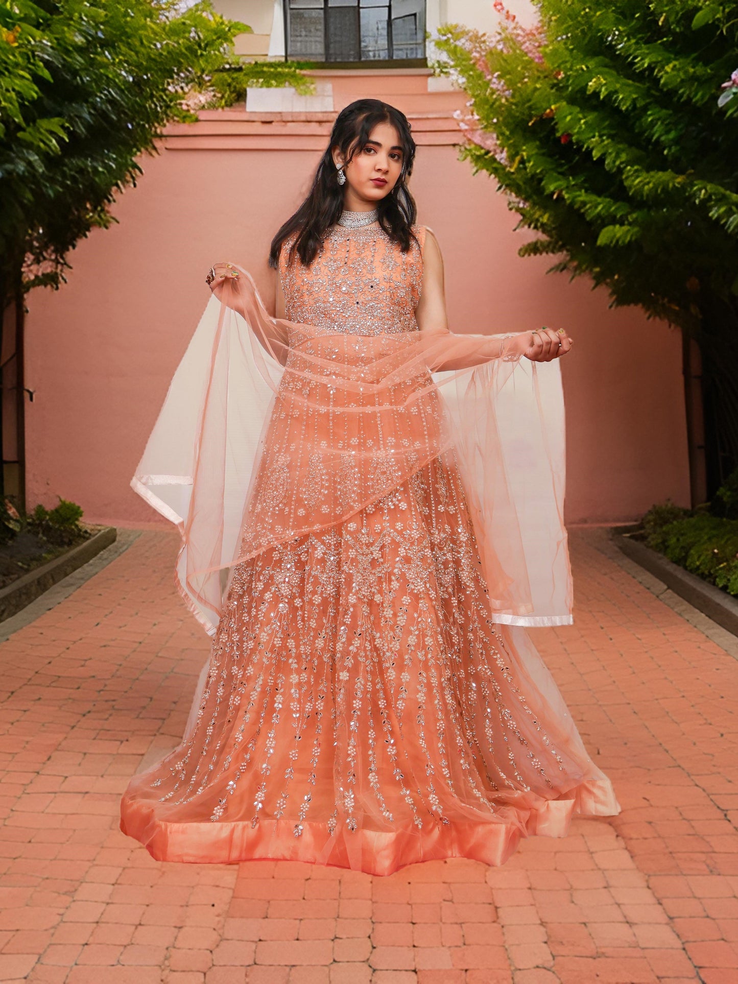 Net Fabric Gown with Pearl & Embroidery by Shreekama