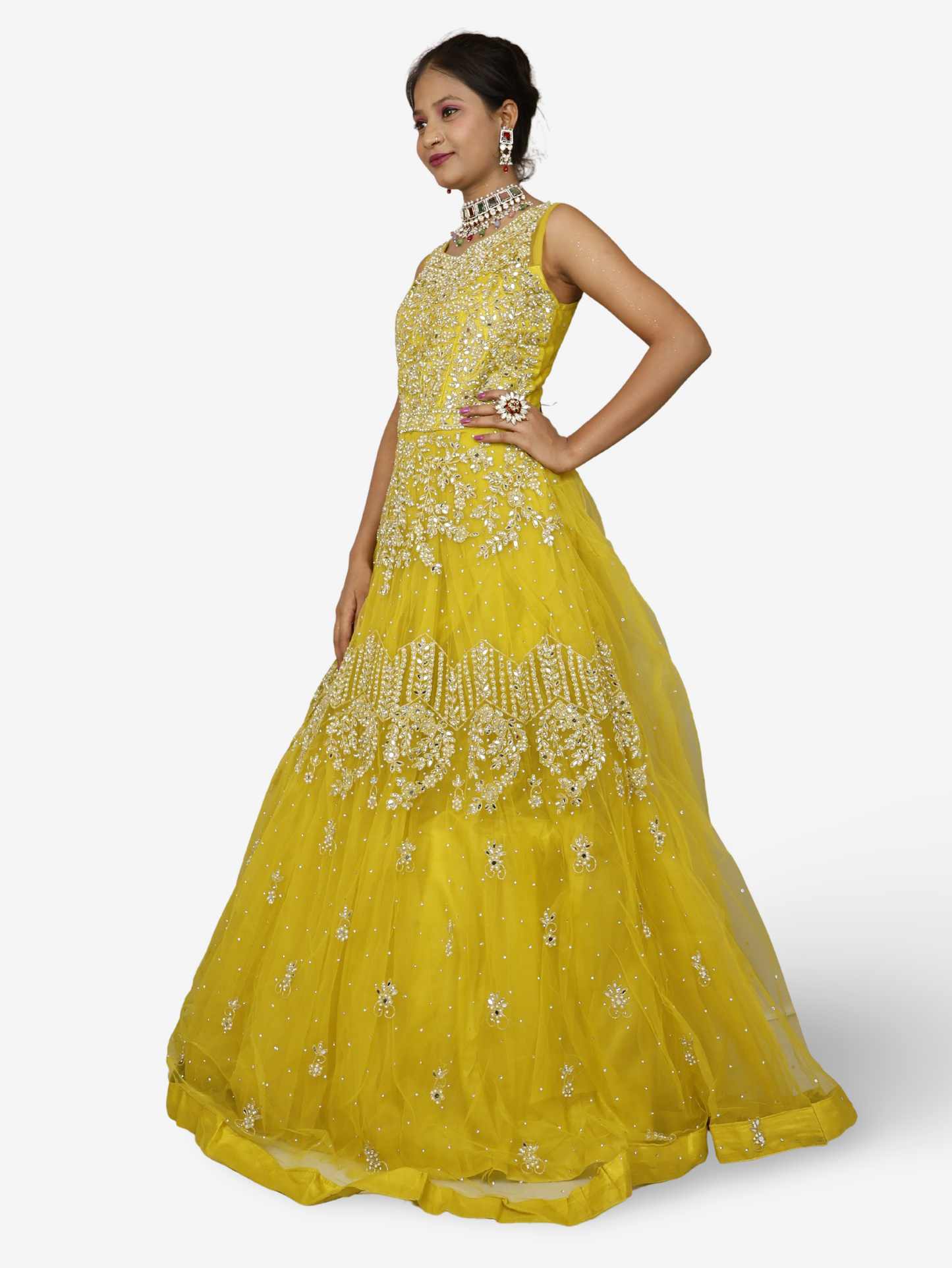 Lemon yellow gown with mirror and pearl work to soft net fabric for women by Shreekama
