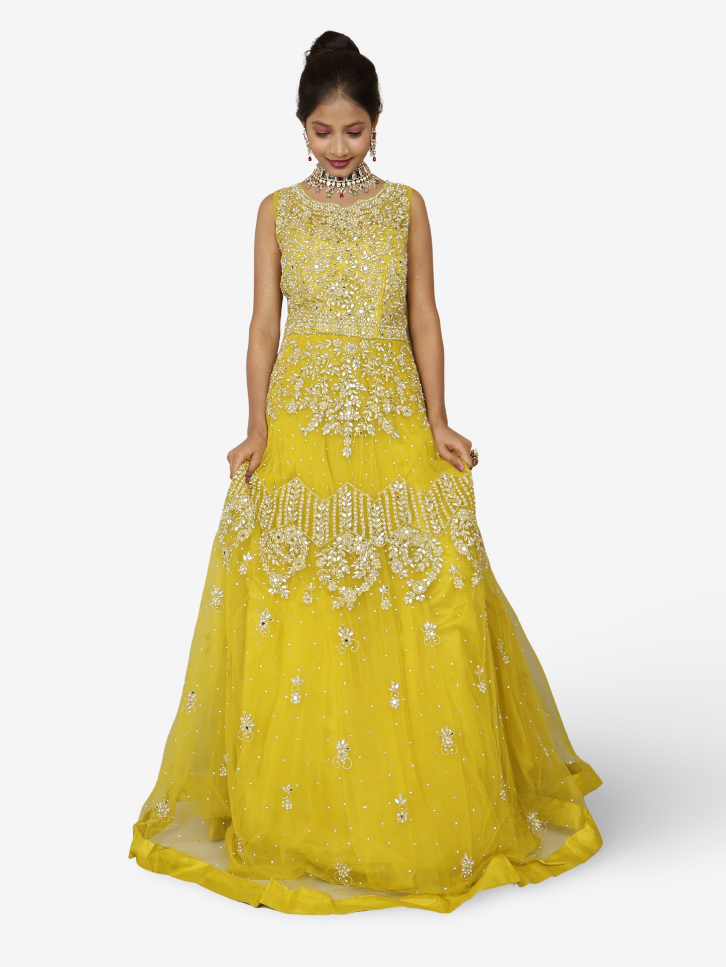 Lemon yellow gown with mirror and pearl work to soft net fabric for women by Shreekama