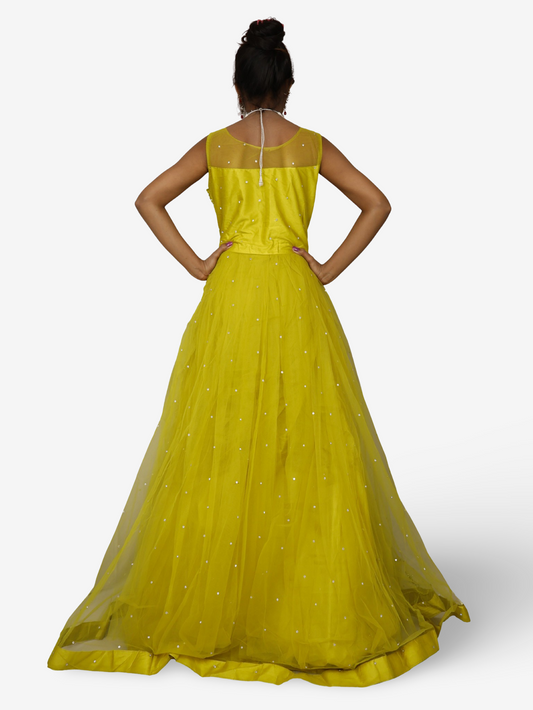Lemon yellow gown with mirror and pearl work to soft net fabric for women by Shreekama